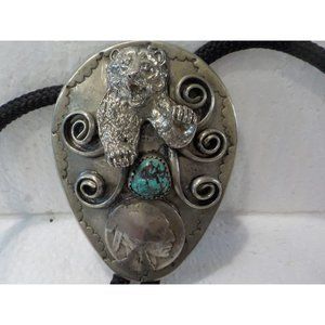 Vintage Bolo Grizzly Bear Turquoise Stone Buffalo Head Nickel 2.5" Long
